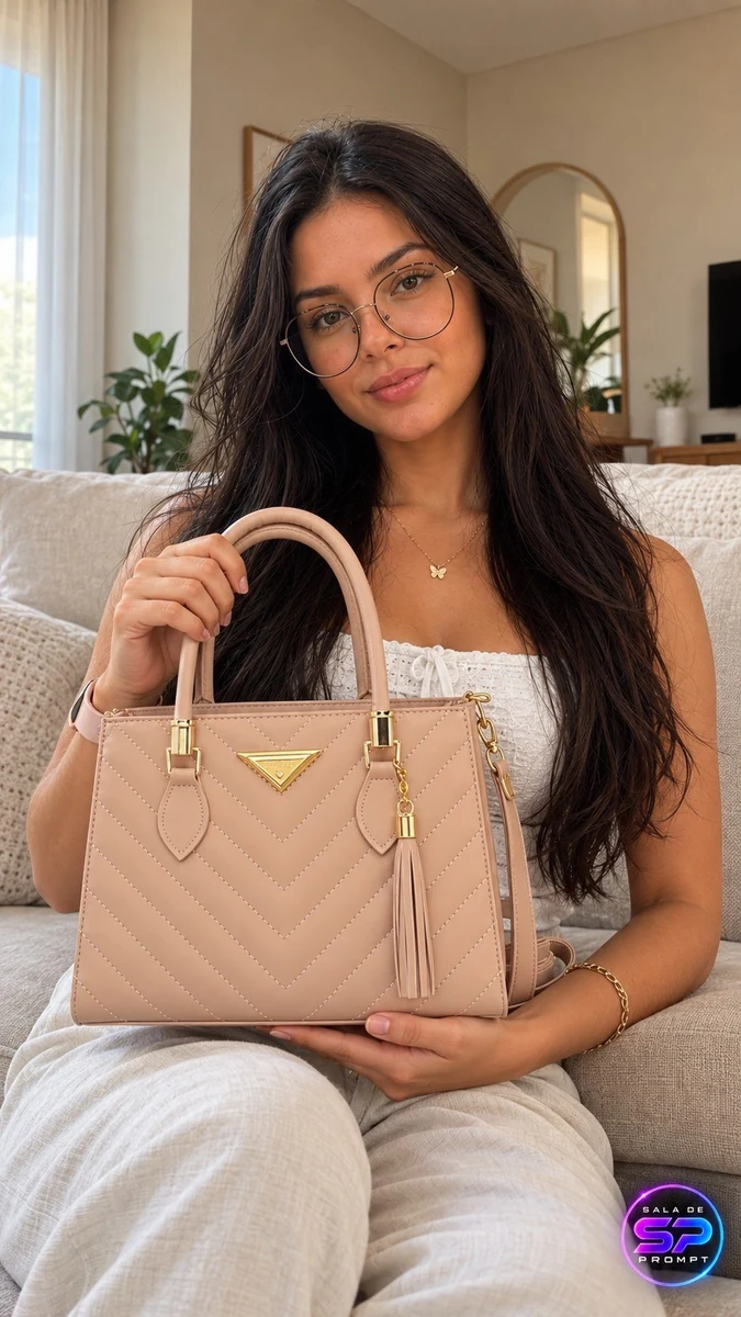 Isa em foto ultra realista mostrando uma bolsa em ambiente interno